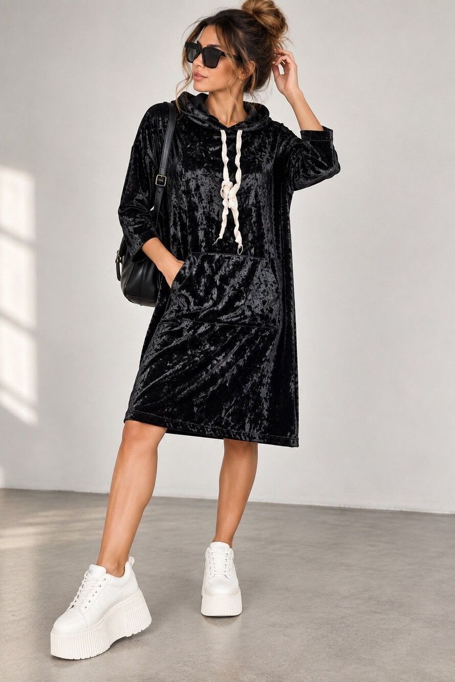 Lilian Black Velvet Hooded Midi Hoodie Dress Pockets Drawstring 3/4 Sleeve M